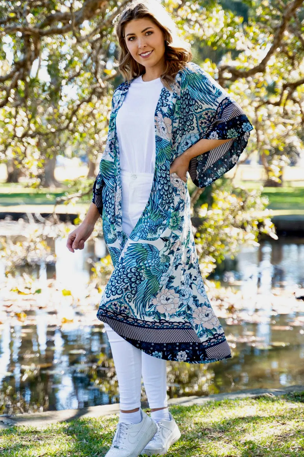 Peacock Kimono - Blue/Peach