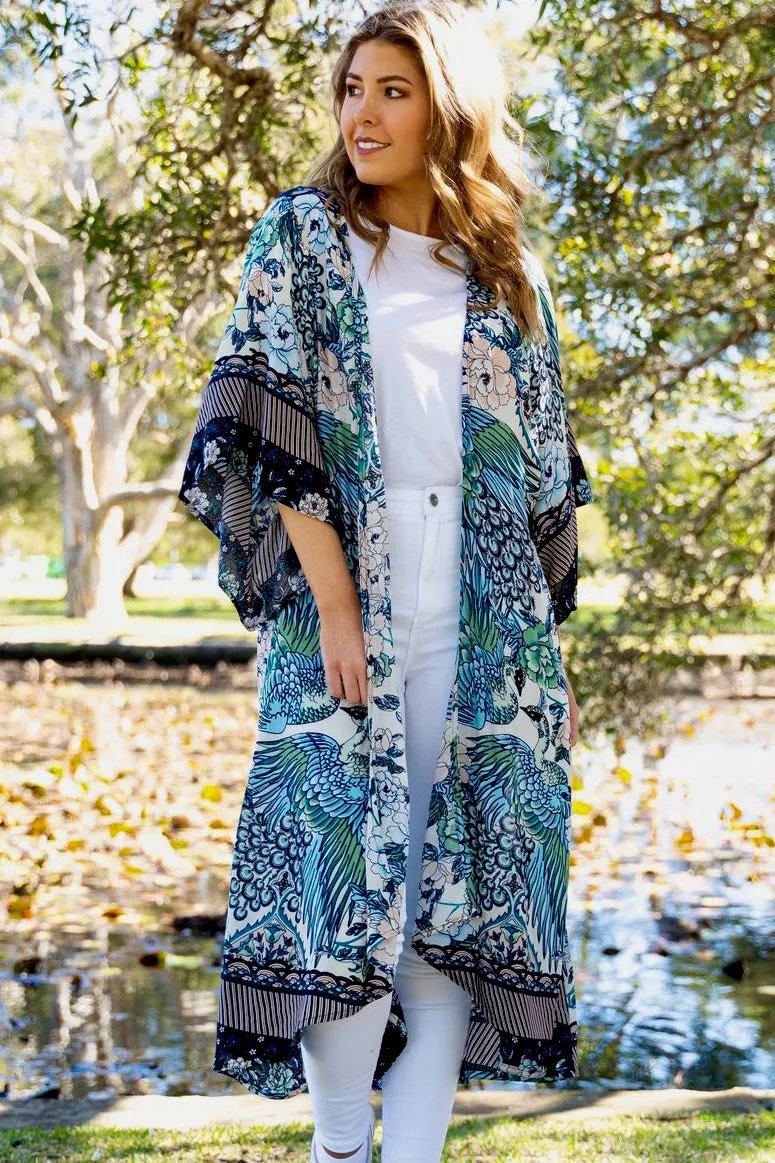 Peacock Kimono - Blue/Peach