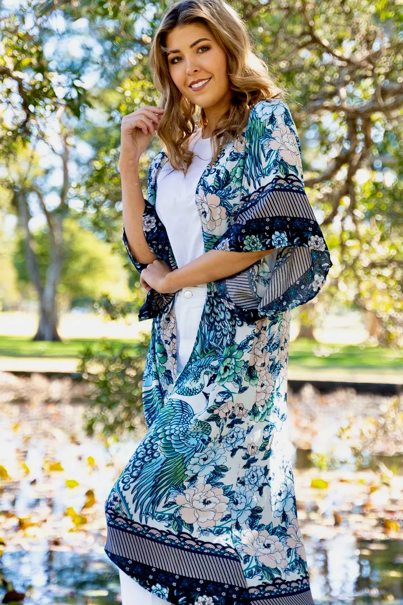 Peacock Kimono - Blue/Peach
