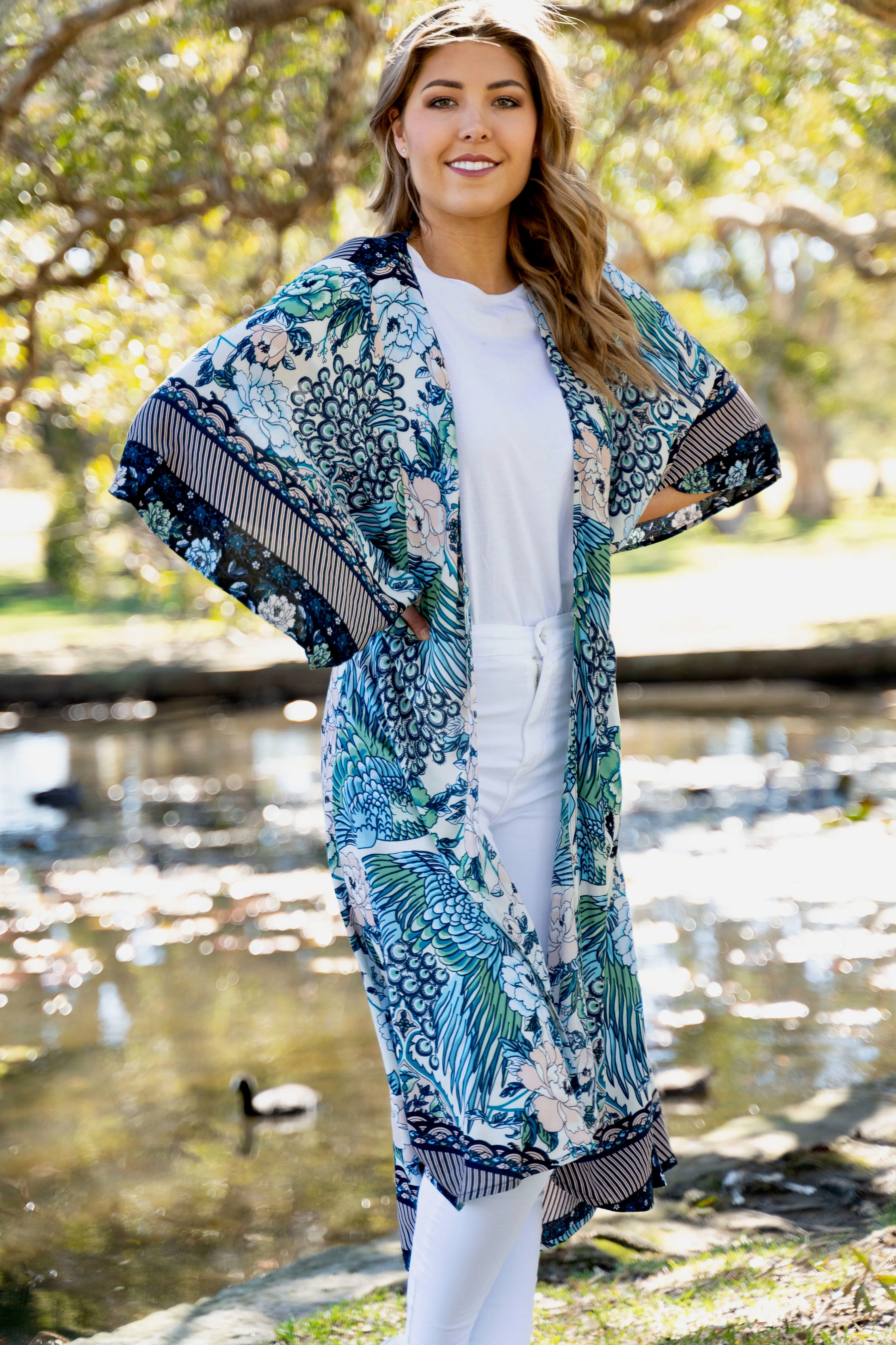 Peacock Kimono - Blue/Peach