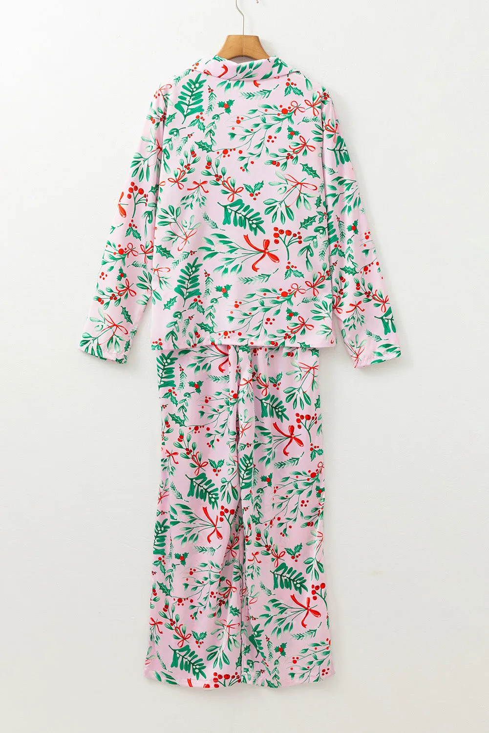 Pink Christmas Berries Plant Print Satin Long Sleeve Pajama Set