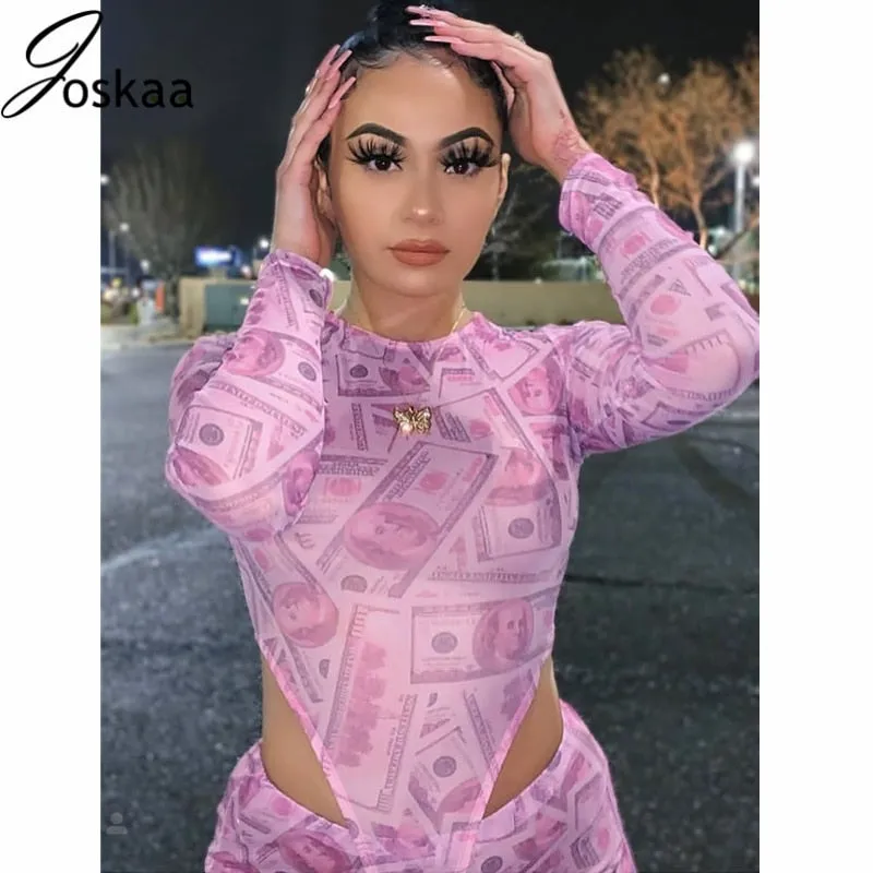 Pink Dollar Print  Long Sleeve Bodysuit