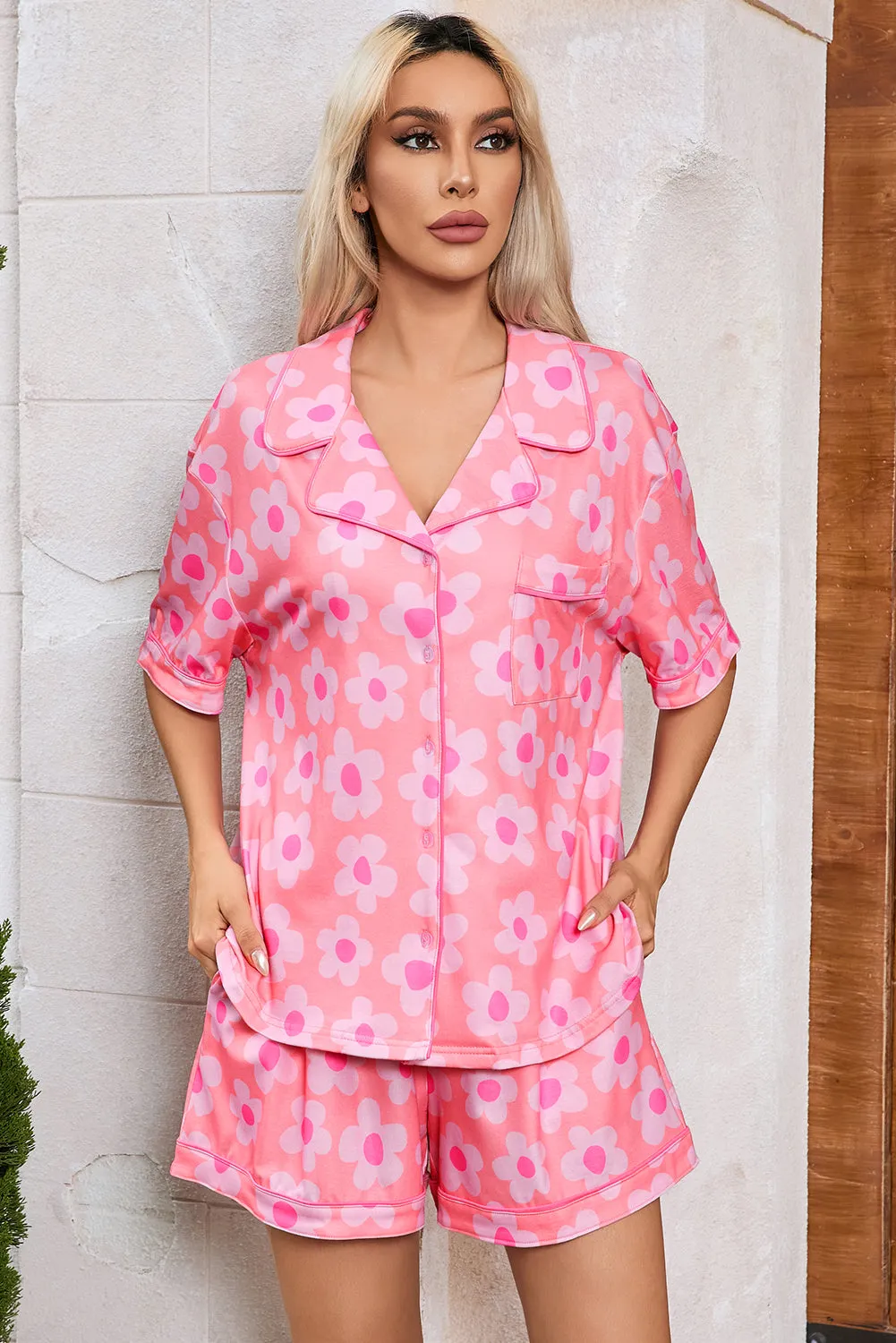 Pink Flower Print Pajamas Set