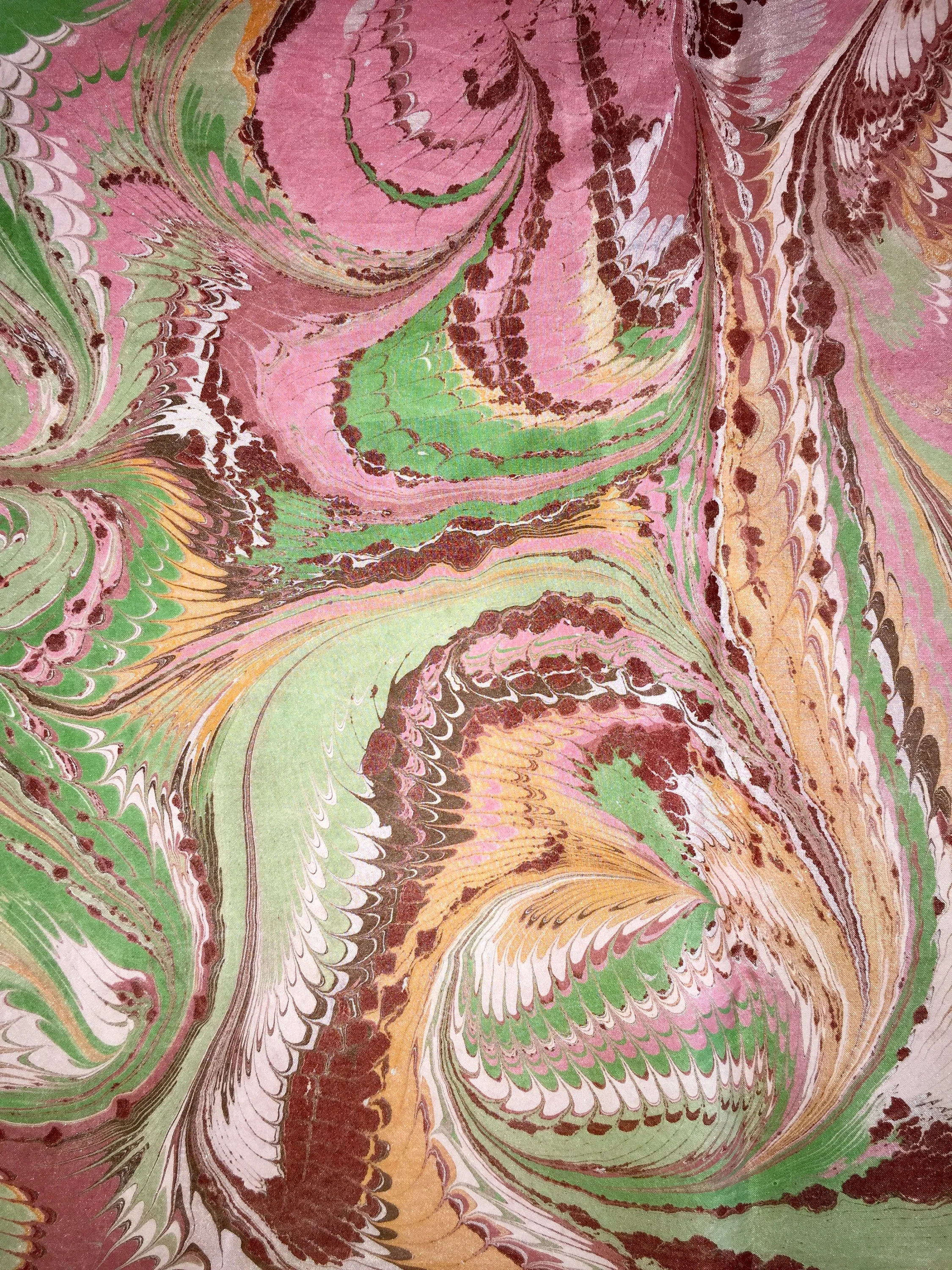 Pink Green Brown Combed Swirl Patterned Habotai Silk 14x72"
