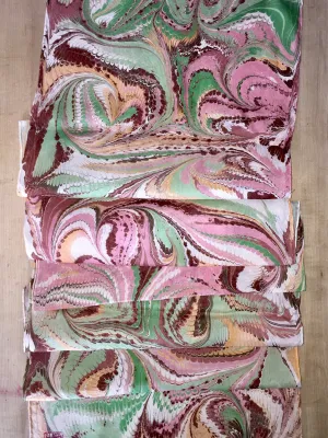 Pink Green Brown Combed Swirl Patterned Habotai Silk 14x72"