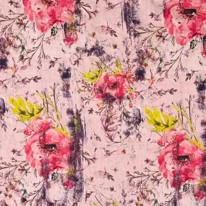 Pink-Purple-Multi Floral Art Pattern Printed Linen Woven Fabric