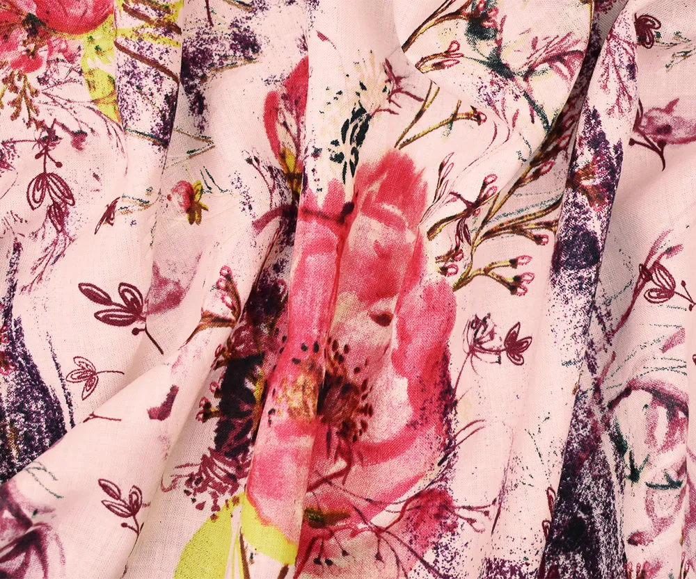 Pink-Purple-Multi Floral Art Pattern Printed Linen Woven Fabric