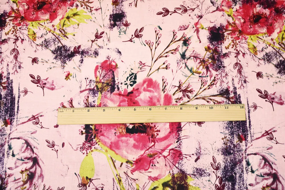Pink-Purple-Multi Floral Art Pattern Printed Linen Woven Fabric