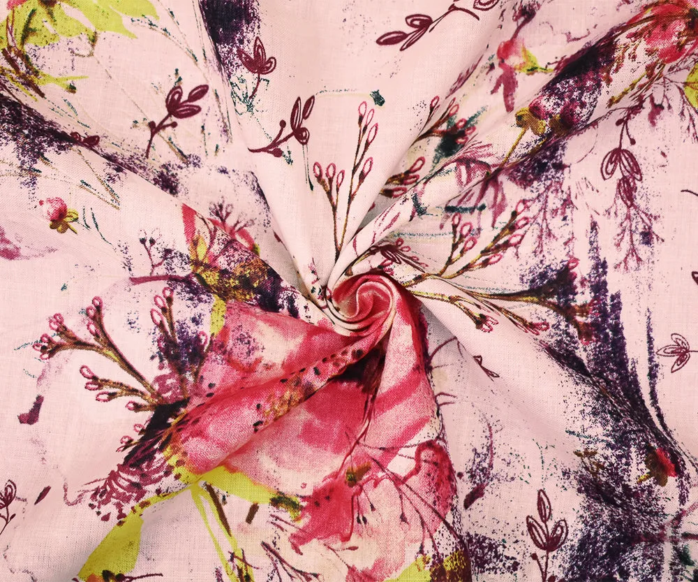 Pink-Purple-Multi Floral Art Pattern Printed Linen Woven Fabric