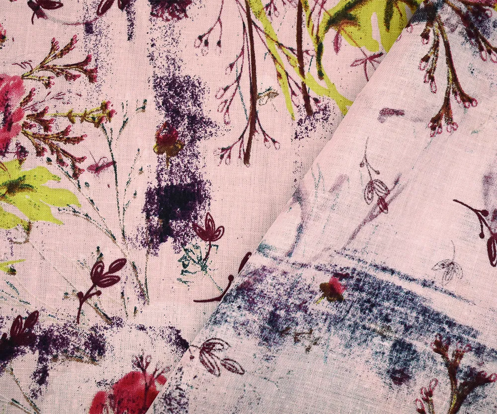 Pink-Purple-Multi Floral Art Pattern Printed Linen Woven Fabric