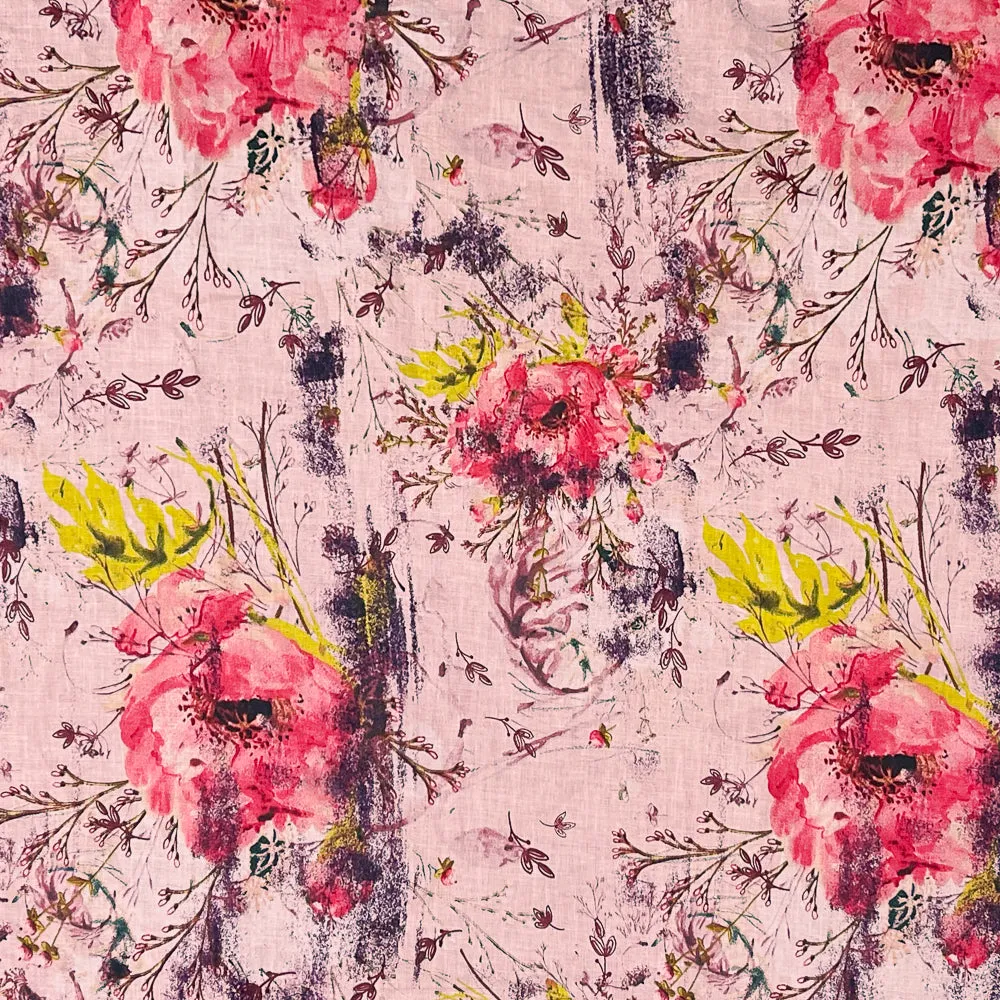 Pink-Purple-Multi Floral Art Pattern Printed Linen Woven Fabric