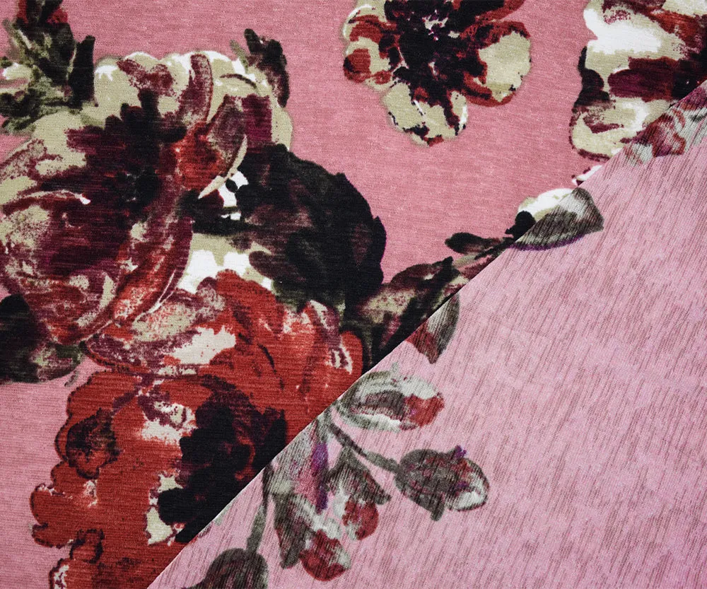 Pink-Red-Multi Poly Floral Printed Onion Skin Jersey Knit Fabric