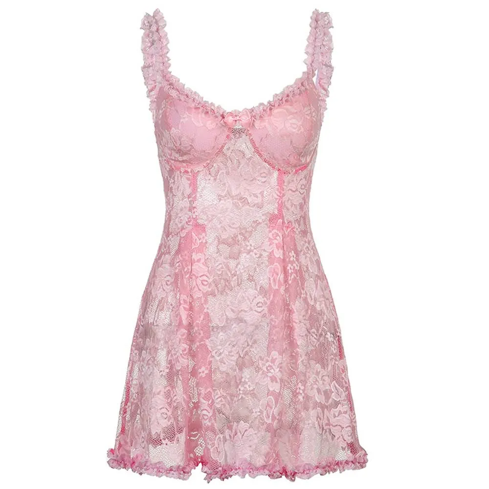 Pink Sheer Mesh Babydoll Lingerie, Sexy Lace Nightgown
