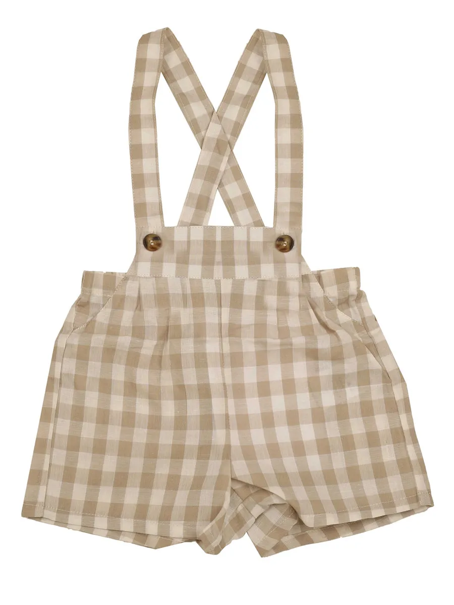 Pleated Overalls - Beige Gingham