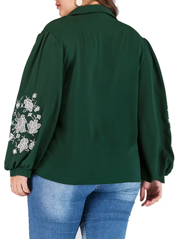 Plus Size Shirt Collar Long Sleeve Printed Embroidery Sleeve Lantern Sleeve Shirt