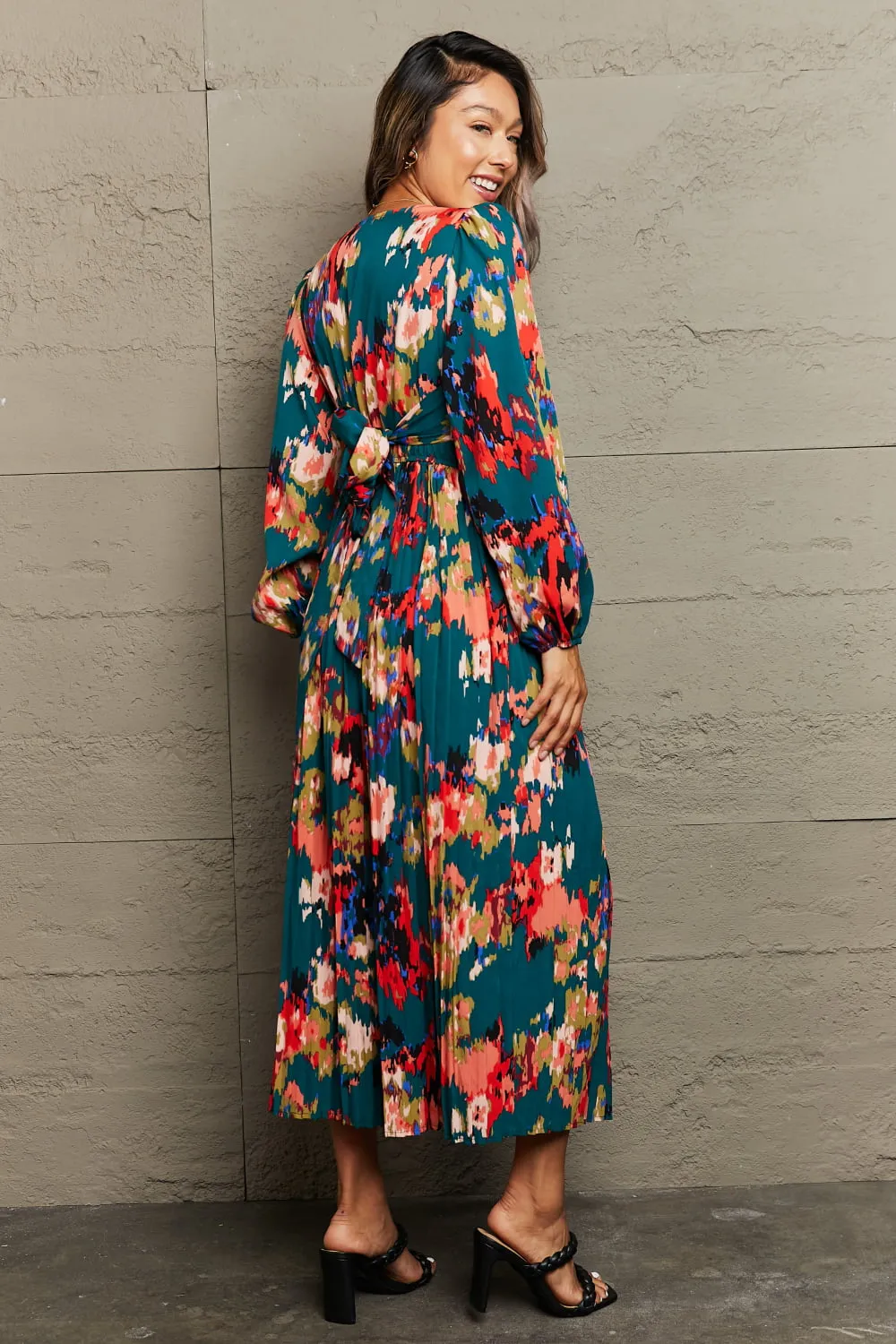 PREORDER Printed Deep V Slit Pleated Dress