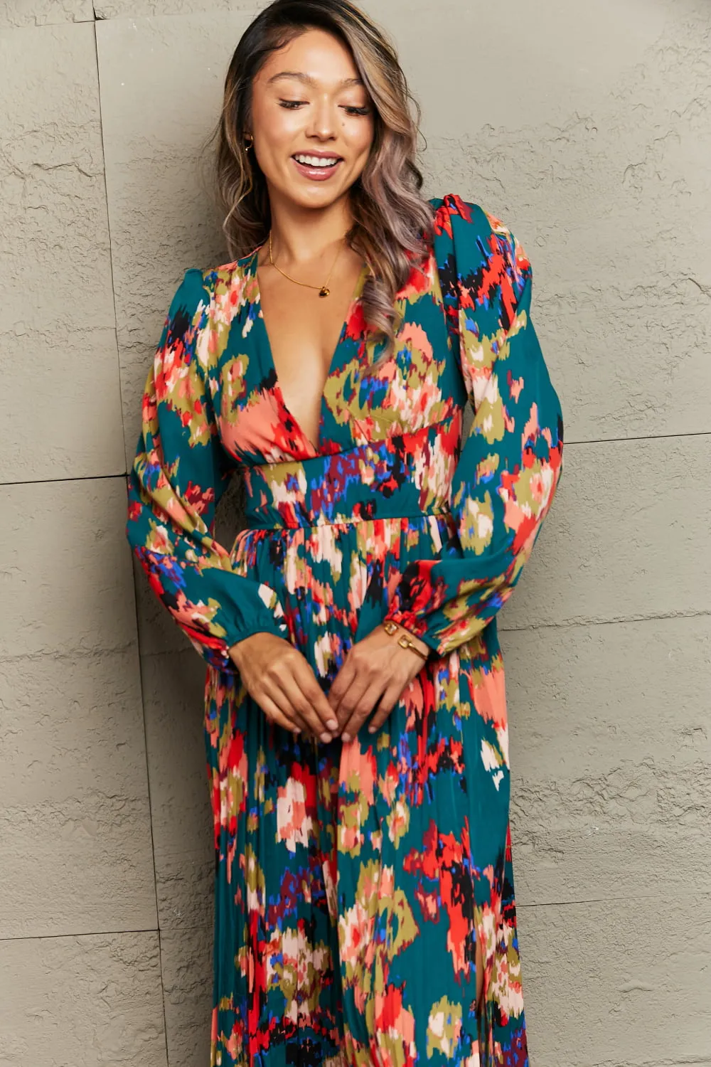 PREORDER Printed Deep V Slit Pleated Dress