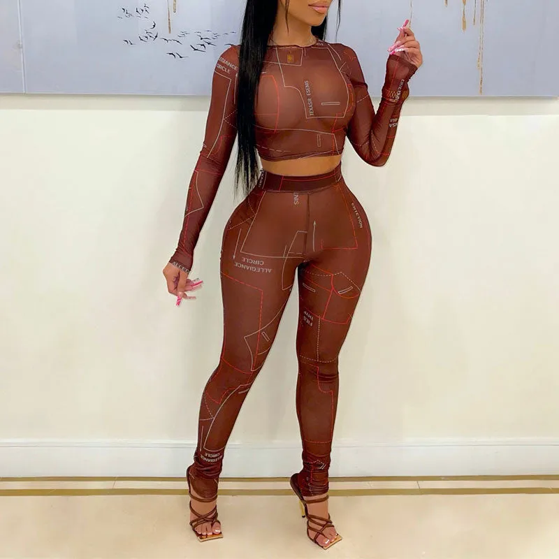 Print Sheer Mesh Long Sleeve Crop Top & Pants Set