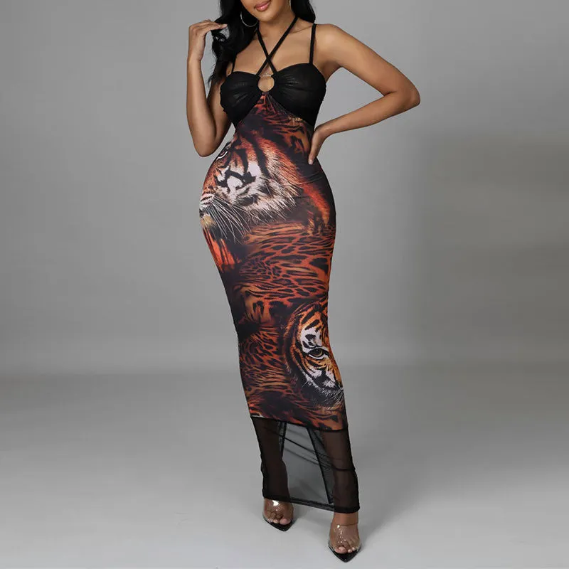 Print Sleeveless Halter Sheer Mesh Maxi Dress