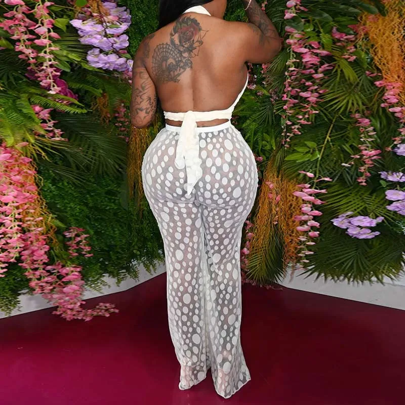 Print Sleeveless Halter Sheer Mesh Two Piece Pants Set