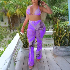 Print Sleeveless Sheer Mesh Swimsuit Set