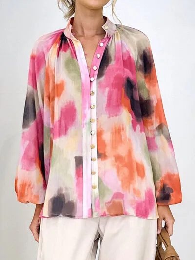 Printed Button Up Balloon Sleeve Shirt