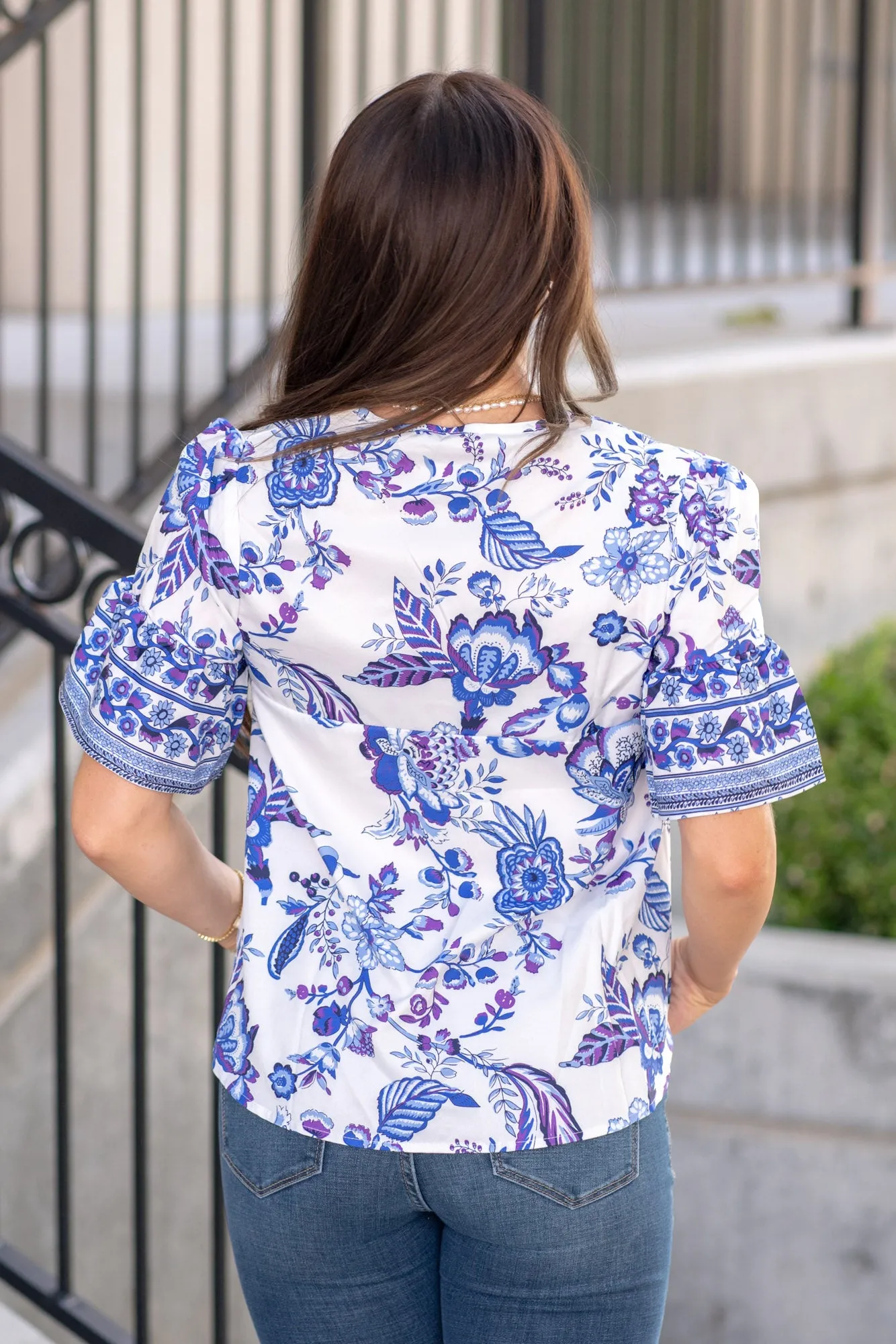 Printed Buttoned Flounce Sleeve Blouse