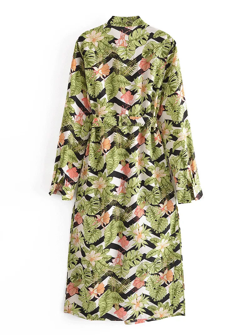 Printed Green Color Polyester Long Length Gown Kimono Duster Robe