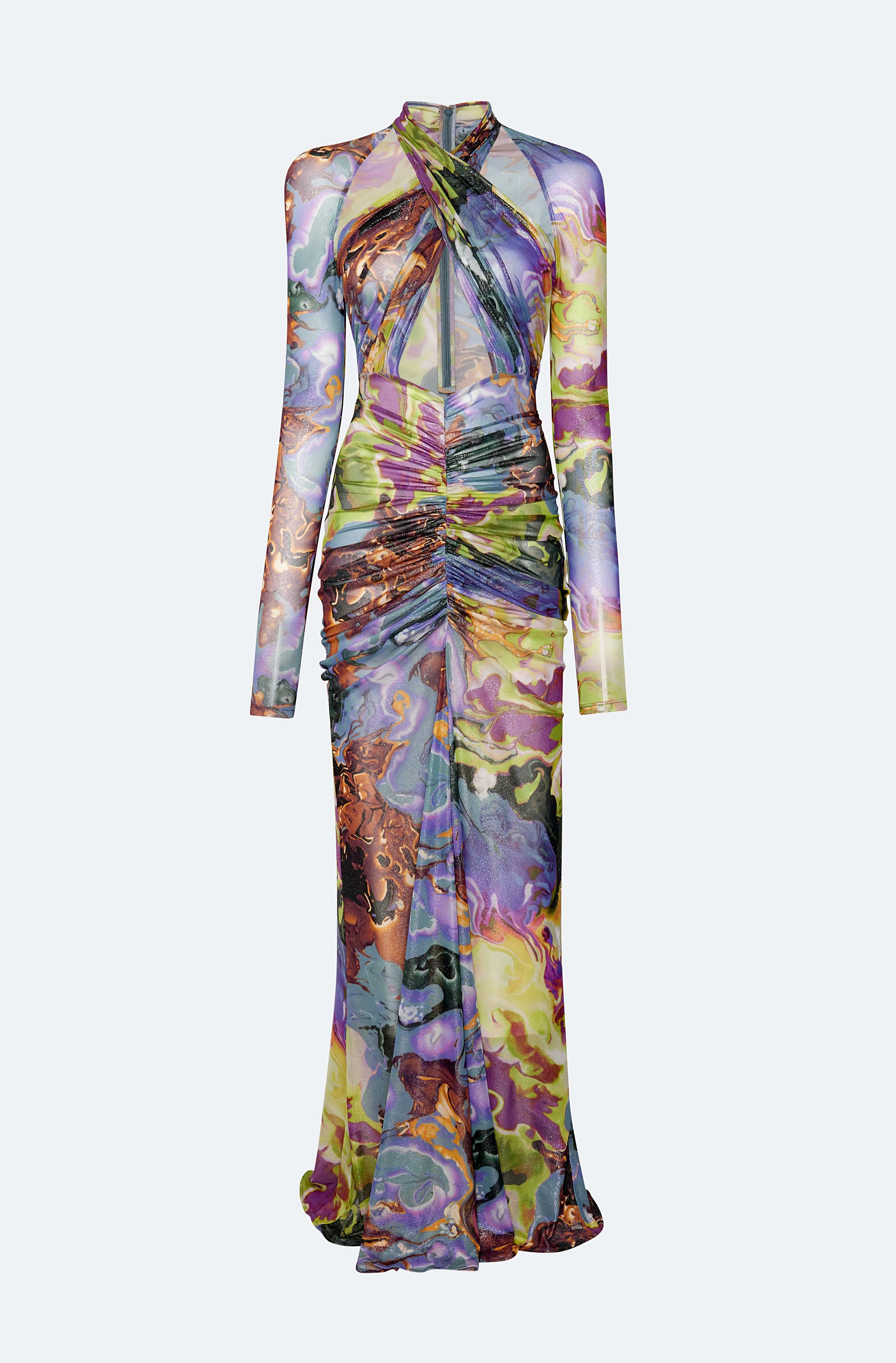 Printed Mesh Halter Ruched Gown