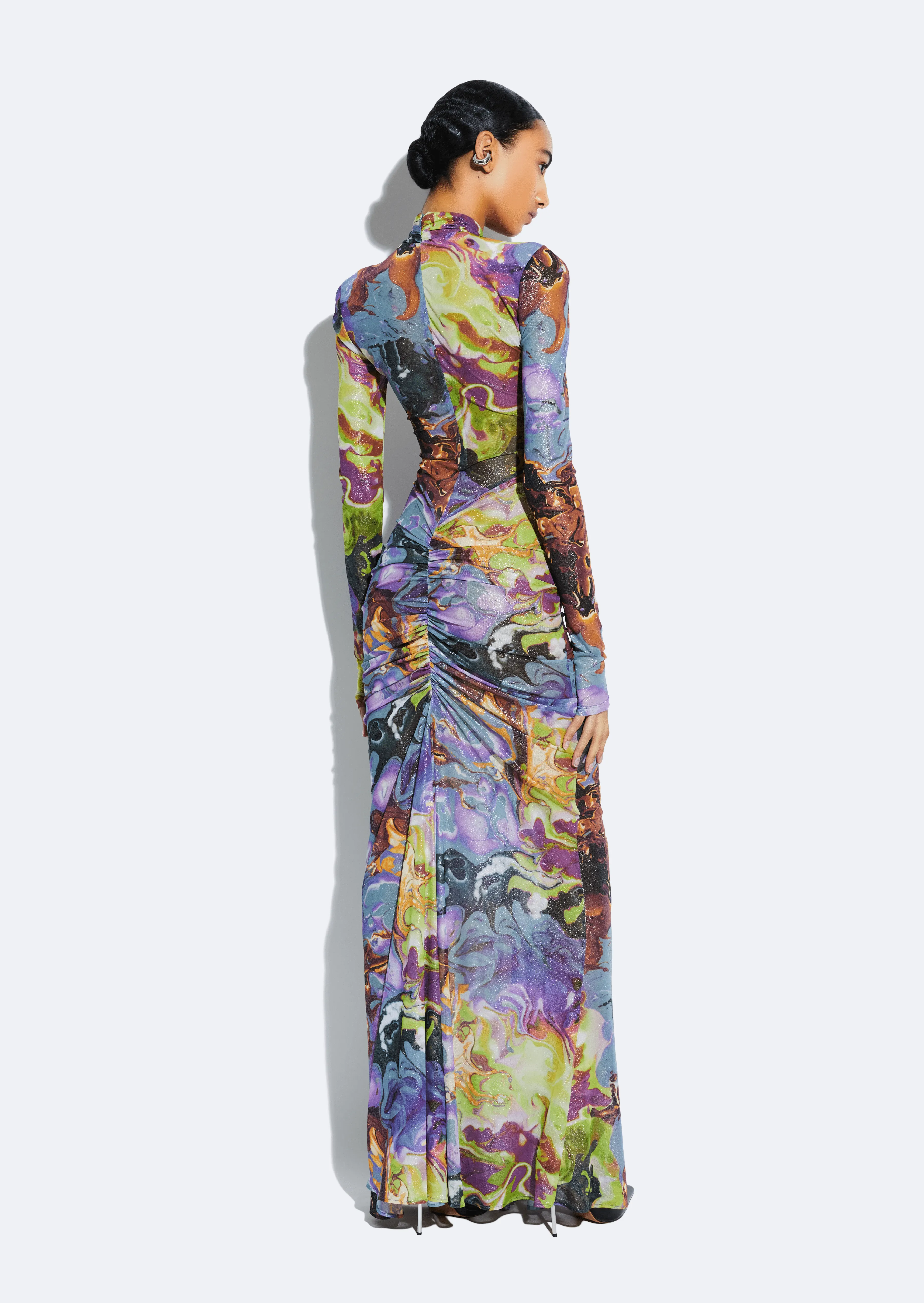 Printed Mesh Halter Ruched Gown