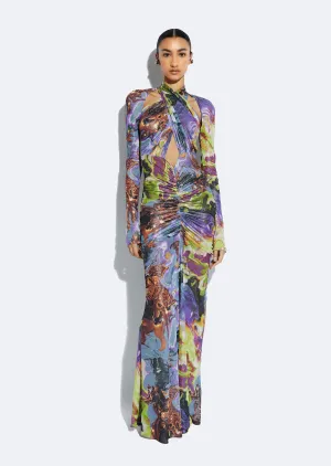 Printed Mesh Halter Ruched Gown