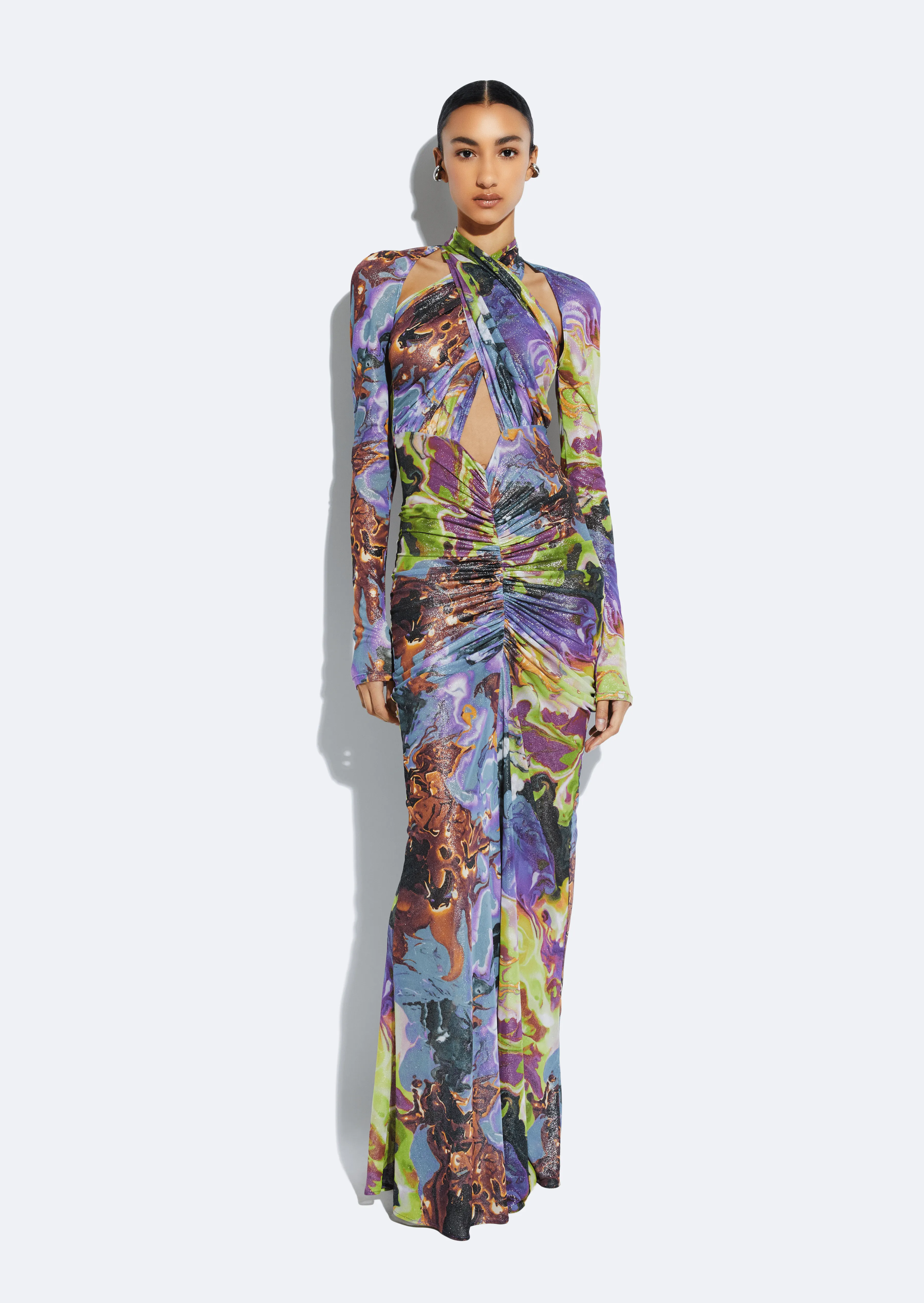 Printed Mesh Halter Ruched Gown