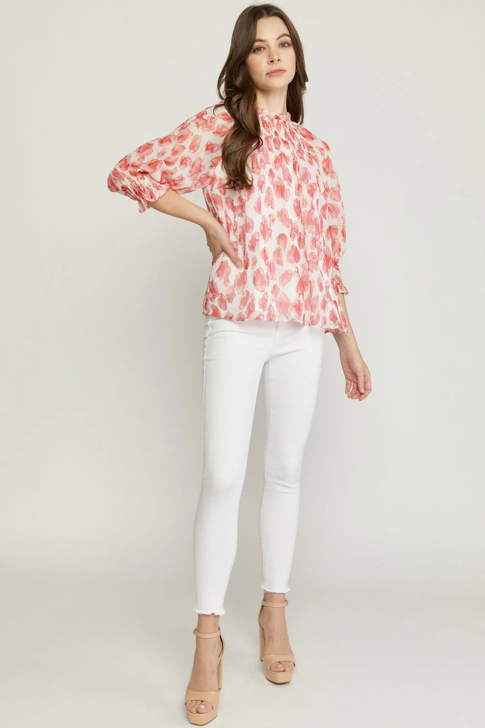 Printed mock neck 3/4 sleeve length top