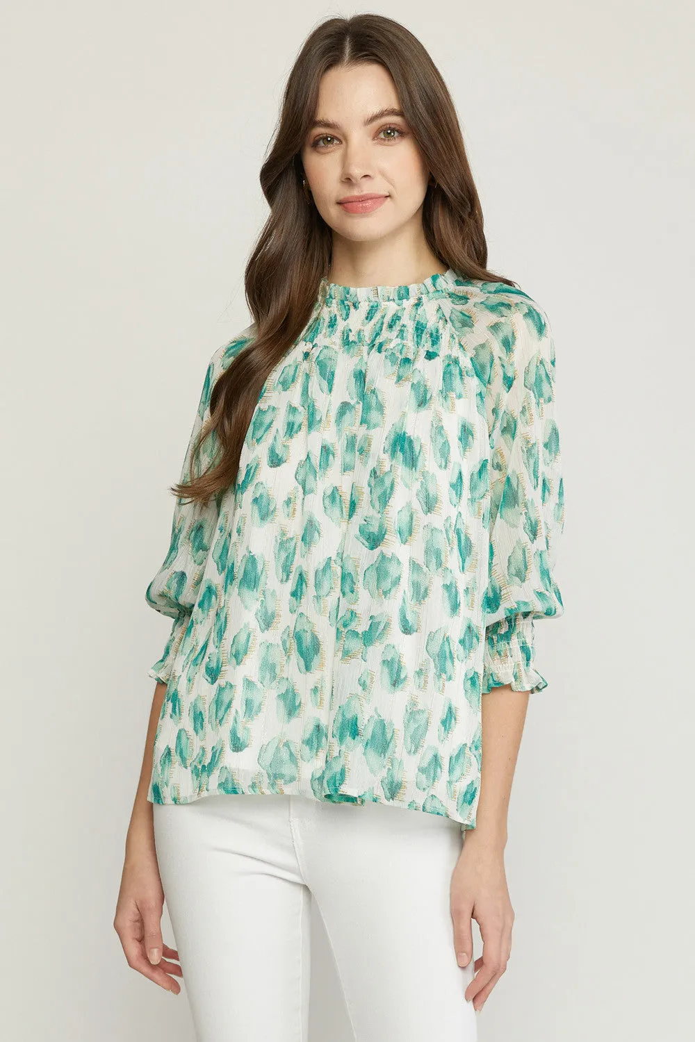Printed mock neck 3/4 sleeve length top