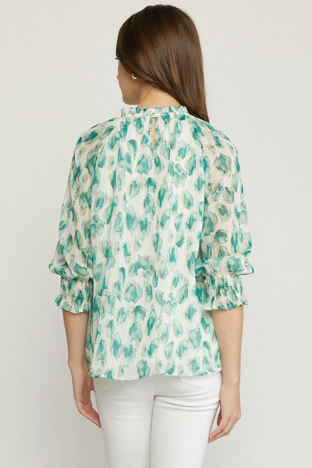 Printed mock neck 3/4 sleeve length top