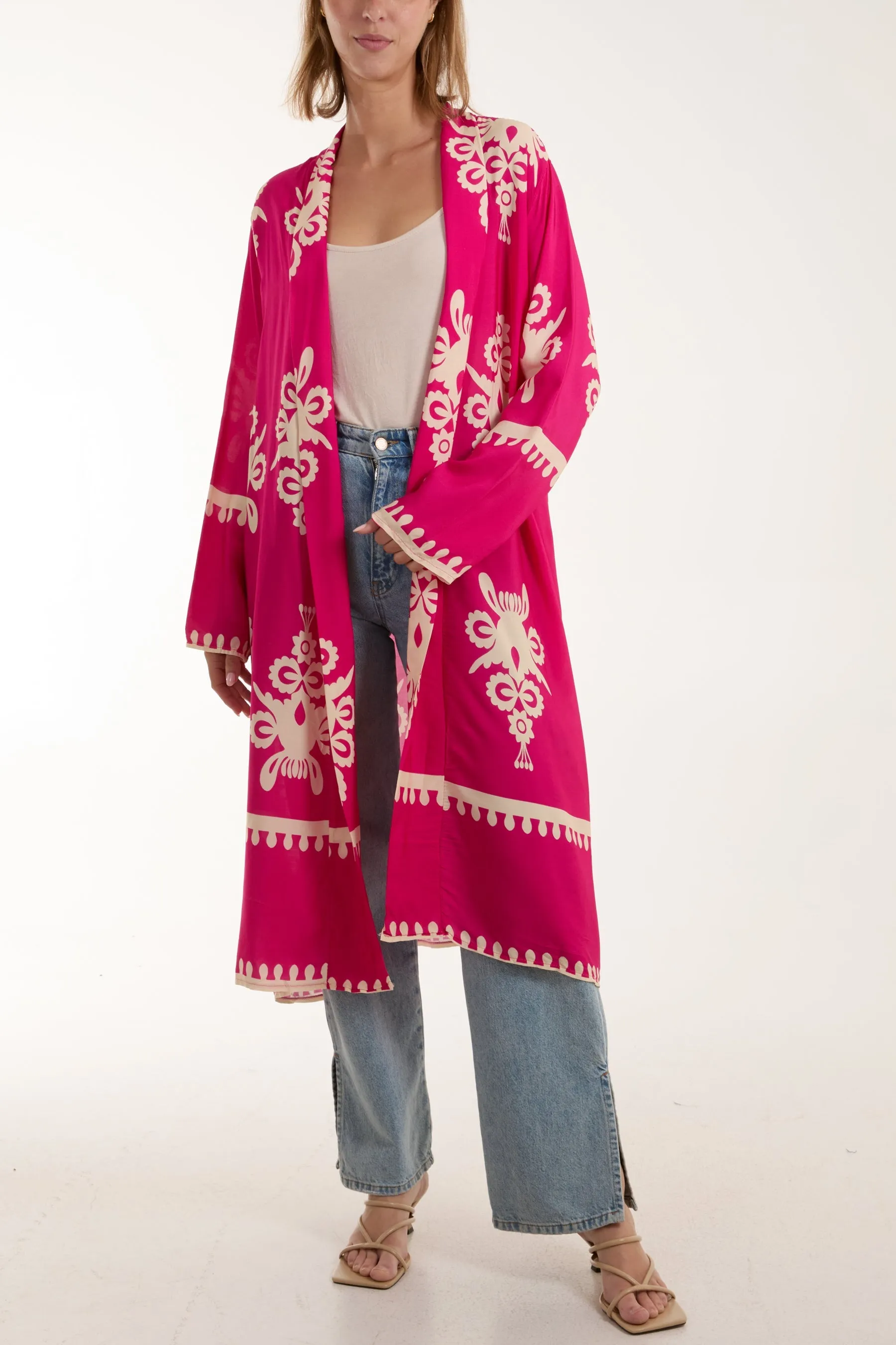 Printed Pockets Long Kimono