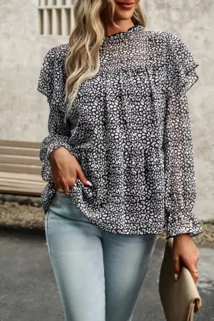 Printed Round Neck Flounce Sleeve Blouse