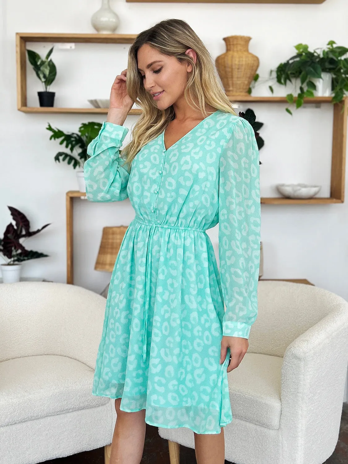 Printed Ruched V-Neck Long Sleeve Dress