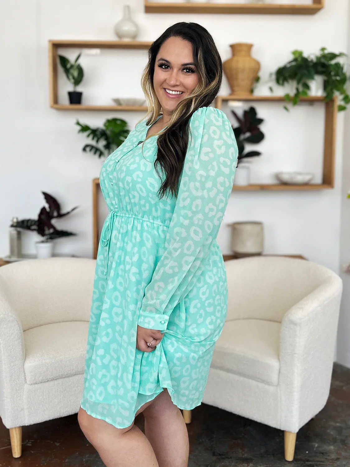 Printed Ruched V-Neck Long Sleeve Dress