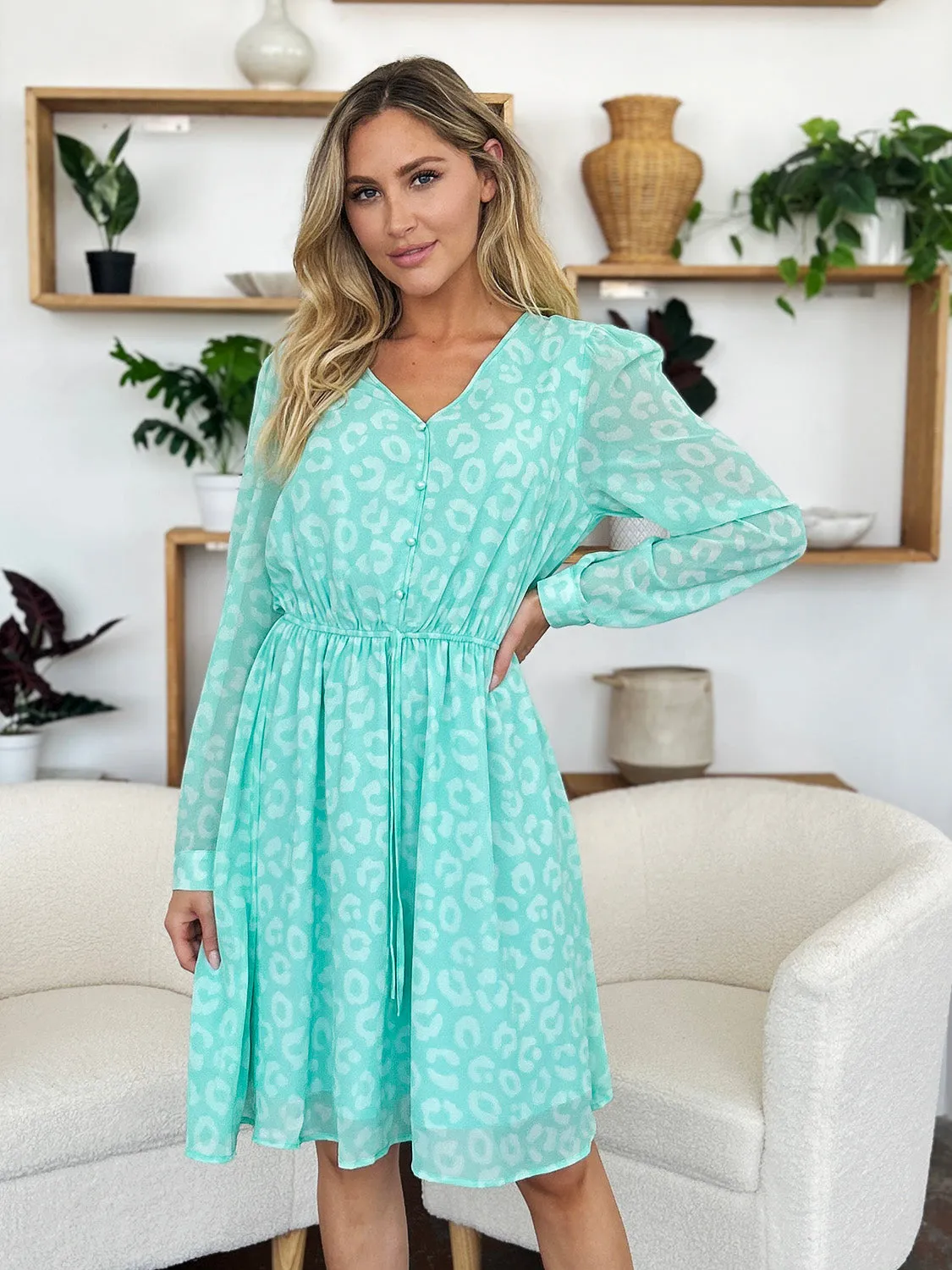 Printed Ruched V-Neck Long Sleeve Dress