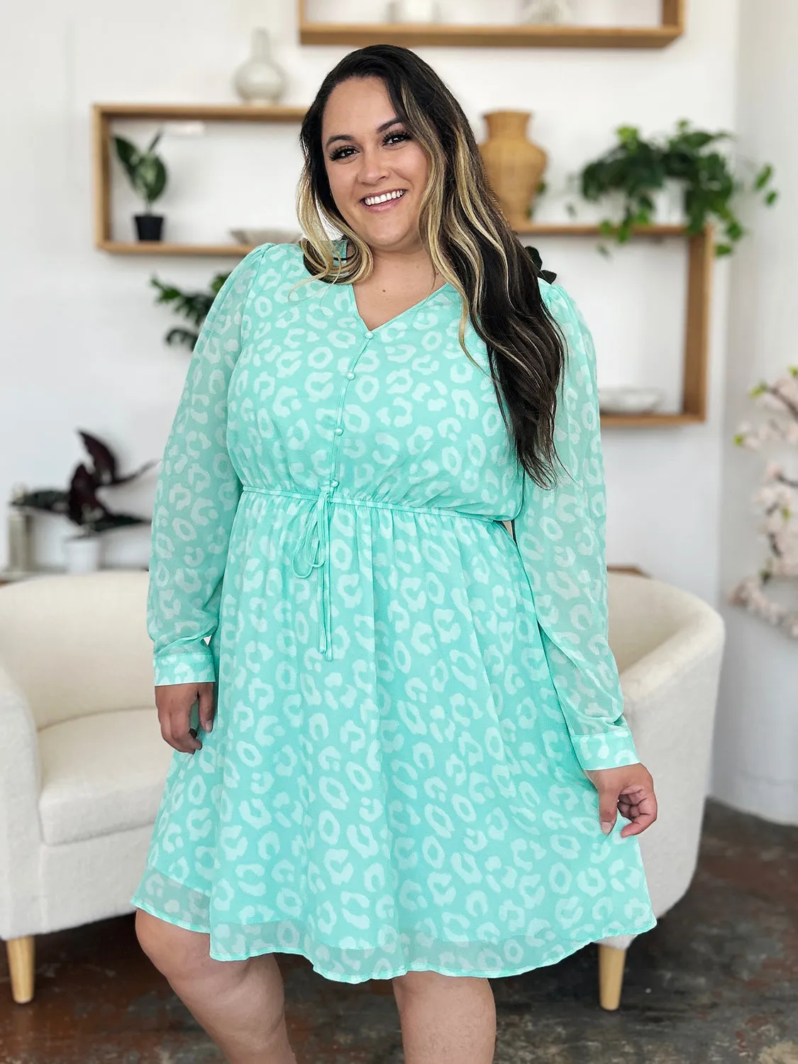 Printed Ruched V-Neck Long Sleeve Dress