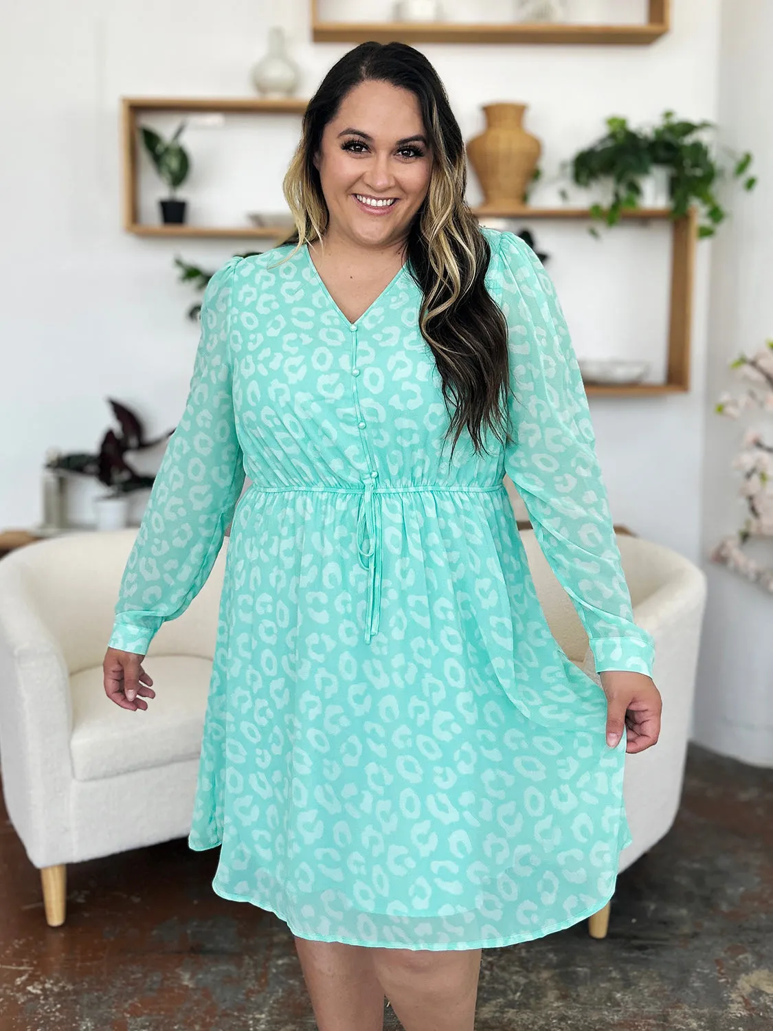 Printed Ruched V-Neck Long Sleeve Dress