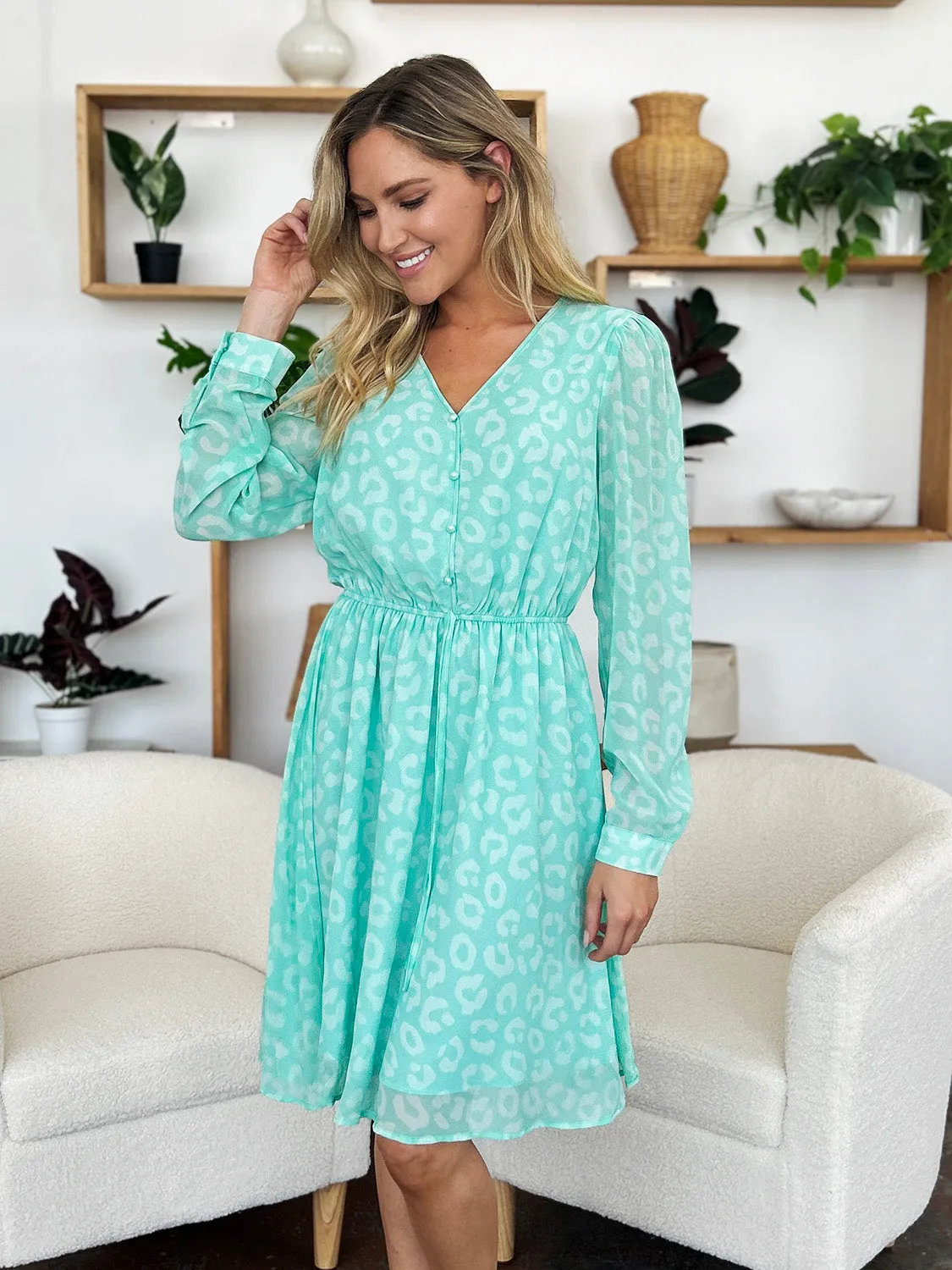 Printed Ruched V-Neck Long Sleeve Dress