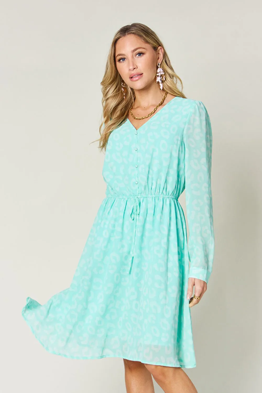 Printed Ruched V-Neck Long Sleeve Dress