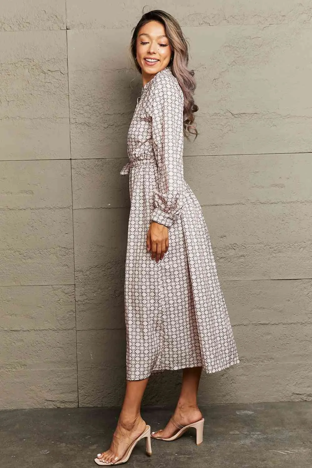 Printed Tie Waist Long Sleeve Dress
