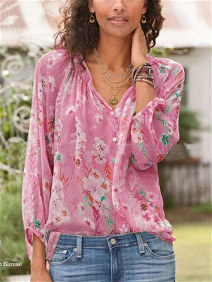 Printed V-Neck Bohemian Long-Sleeved Tops