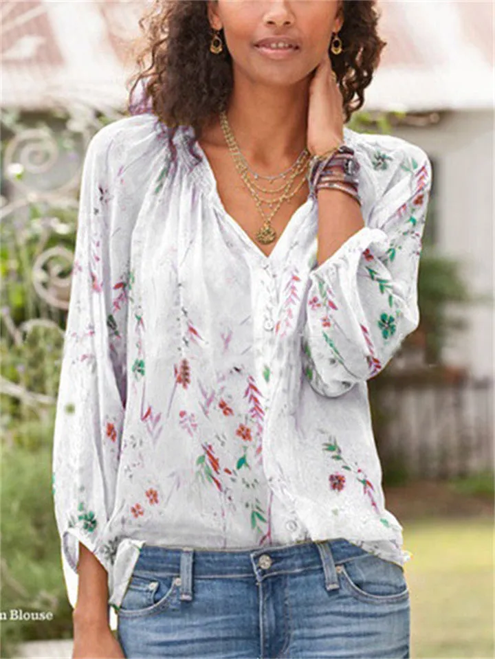 Printed V-Neck Bohemian Long-Sleeved Tops