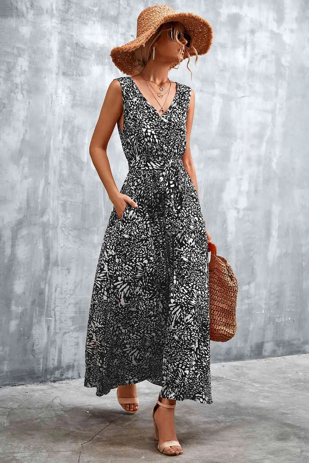 Printed V-Neck Tie Waist Maxi Dress (3 Colors)