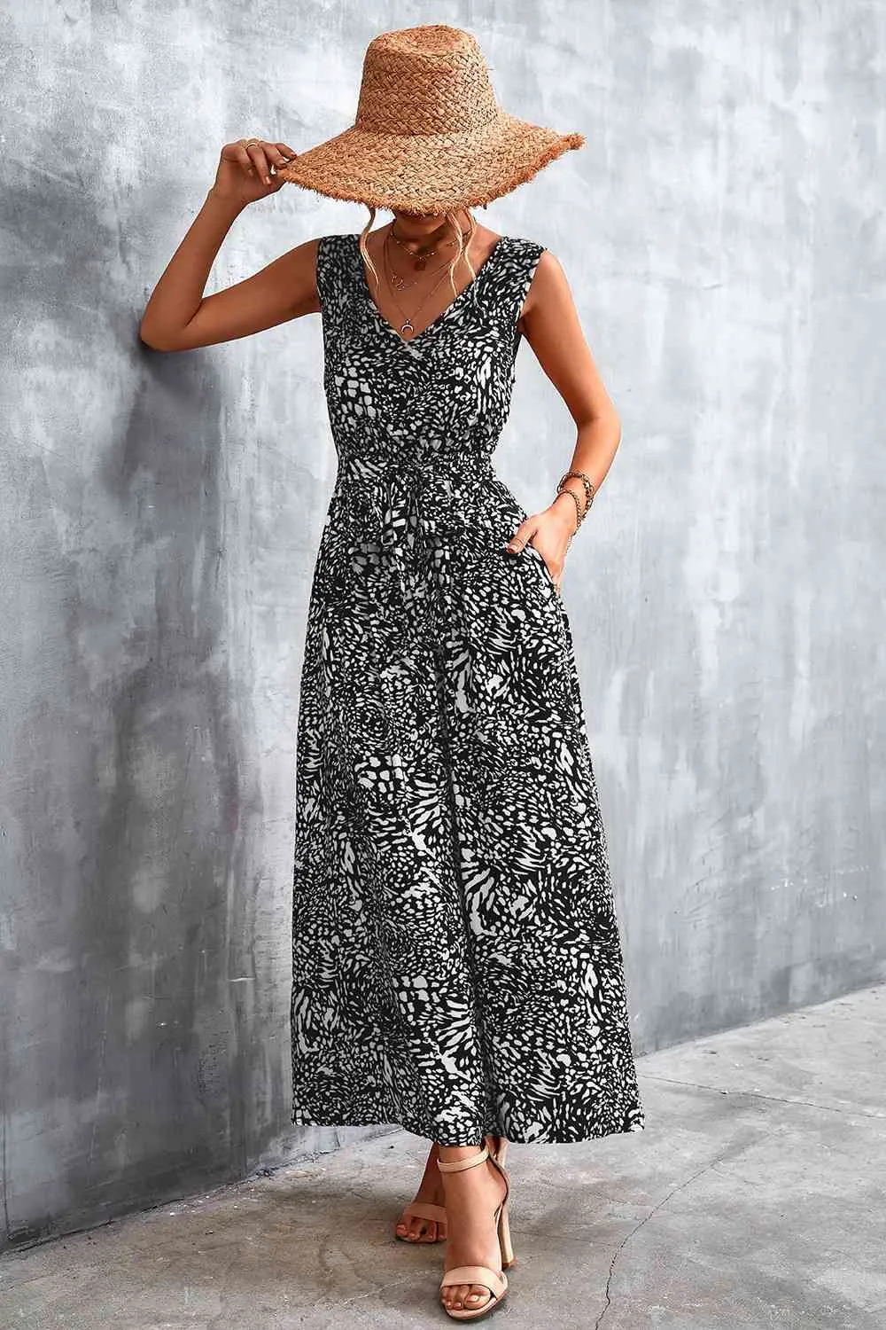 Printed V-Neck Tie Waist Maxi Dress (3 Colors)