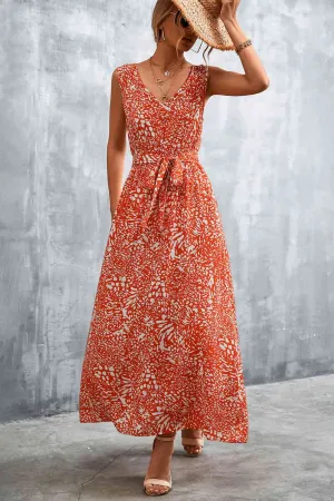 Printed V-Neck Tie Waist Maxi Dress (3 Colors)